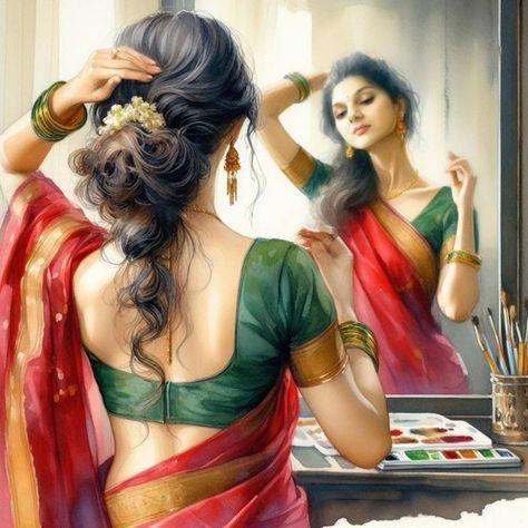 Indian Woman Watercolor, Saree Bride, Free Fair, Mughal Art Paintings, Indian Women Painting, Beauty Culture, Actress Without Makeup, Beautiful Art Paintings, Wedding Couple Poses Photography