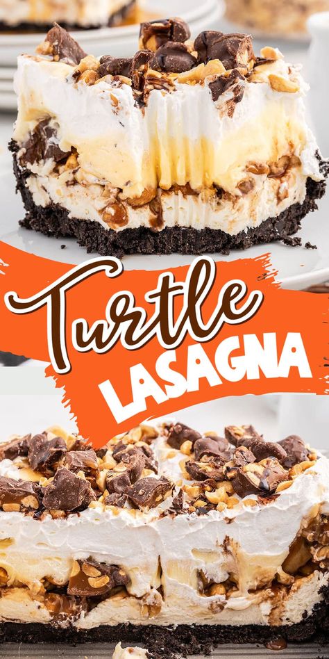 Turtle Lush Dessert, Turtle Lasagna Dessert, Turtle Lasagna, Two Layered Cake, Turtle Dessert, Pudding Desserts Layered, Tailgate Desserts, Dessert Lasagna, Homesteading Recipes