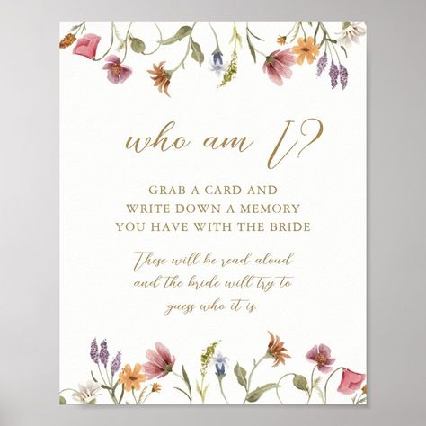 Wildflower Who Am I Bridal Shower Game Sign  Zazzle Wild Flower Bridal Shower Ideas, Wildflower Bridal Shower Theme, Flower Bridal Shower Theme, Moh Duties, Garden Party Bridal Shower, Bridal Shower Inspo, Garden Bridal Showers, Bridal Tea Party, Bridal Shower Planning