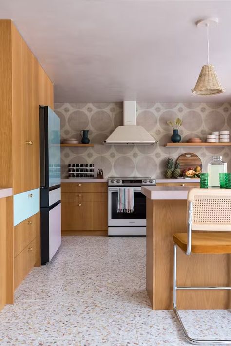 This Incredible Renovation of a 1970s California Home Is a Terrazzo Lover’s Dream - Dwell Terrazo Kitchen Floor, Terrazzo Tile Kitchen, Terrazzo Flooring Kitchen, Terrazzo Kitchen Floor, Kitchen Terrazzo, 1970s California, Terrazzo Kitchen, Terrazzo And Wood, Family Beach House