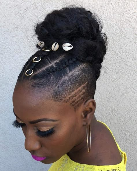 Pony tail Shaved Sides Updo Black Women, Braided Hair With Shaved Sides And Back, Ponytail Hairstyles With Shaved Sides, Shaved Side Ponytail, Shaved Sides Updo, Cornrows With Shaved Sides, Ponytail With Shaved Sides And Back, Shaved Sides Black Women, Braided Undercut