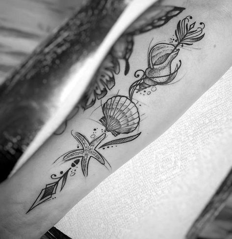 Ocean Related Tattoos For Women, Forearm Beach Tattoo Women, Ocean Arm Tattoos For Women, Seashells Tattoo Ideas, Seashell Tattoo Sleeve, Mermaid Forearm Tattoo, Ocean Inspired Tattoos For Women, Sea Themed Tattoos For Women, Beach Back Tattoo