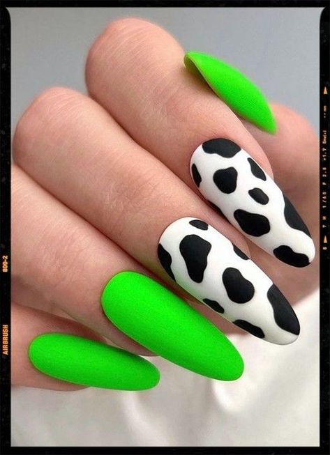 Neon Cow Print Nails, Green Cow Print Nails, Neon Green Nails Design, Green Cow Print, Racing Nails, Neon Coral Nails, Nails 23, Cow Print Nails, Coral Nail Polish