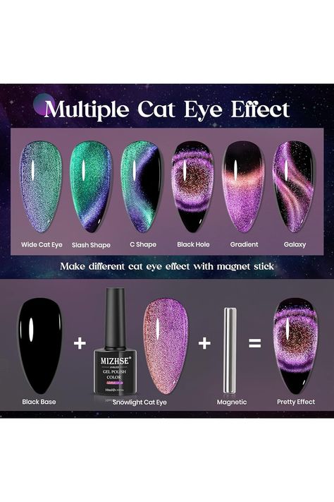 MIZHSE 9D Cat Eye Gel Nail Polish, 2 Colors Cyan and Purple Holographic Galaxy Cateye Magnetic Nail Polish Gel, Magic Cateye Manicure Nail Art Set 10ML Summer Cats Eye Nails, Gel Cat Eye Nails, Cat Eye Nails Short, Magnetic Nail Polish Designs, Purple Cat Eye Nails, Nail Art Purple, Moms Nails, Purple Gel Nails, Cat Eye Nails Polish