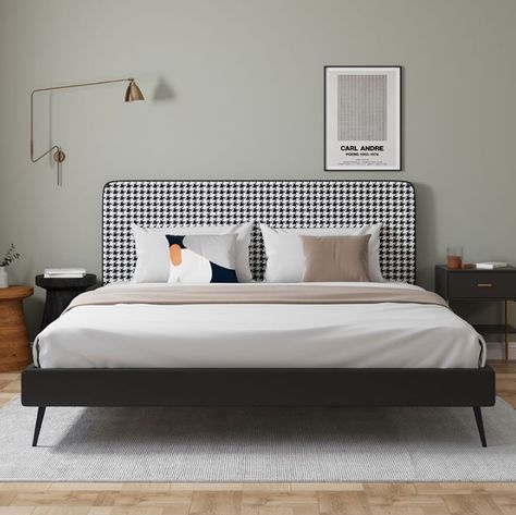 Houndstooth Decor Interior Design, Houndstooth Headboard, Checkered Headboard, Houndstooth Bedroom, Bed Comfy, Bedroom Hacks, Black Headboard, Farmhouse Bedding, Black Checkered