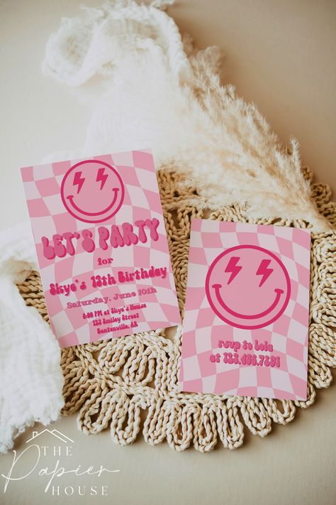 Retro Birthday Party Invitations, Pink Smiley Face Birthday Cake, Pink Checkered Party Decor, Smiley Birthday Invitation, Pink Happy Face Birthday Party, 13th Birthday Party Invitations For Girl, Preppy Birthday Party Ideas 12, Retro Birthday Ideas, Pink Smiley Party