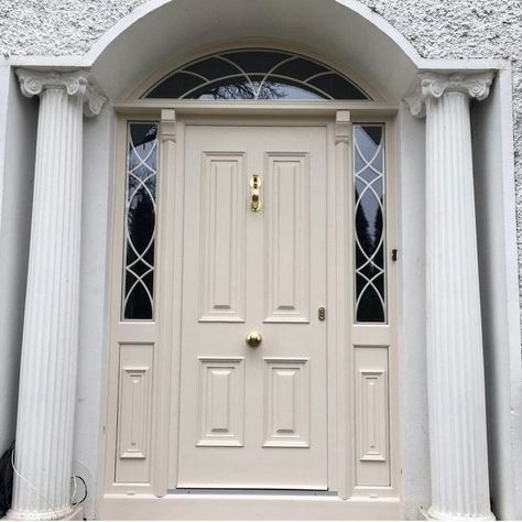 Cream Front Door, Shelf Corbels, Fromt Doors, Front Door Sidelights, 4 Panel Door, England House, Georgian Doors, Decorative Pillars, Double Front Doors