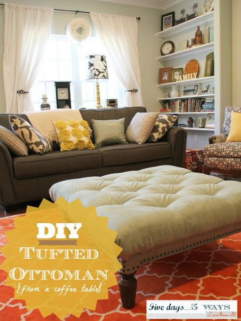 Want to take a junky old coffee table and turn it into something fab? You definitely can...I did! **If you're considering giving this project a try, make sure you read my addendum at the end of the... Kid Friendly Family Room, Diy Tufted Ottoman, Old Coffee Tables, Diy Ottoman, Tufted Ottoman, Family Room Design, A Living Room, Living Room Inspiration, Home Living Room