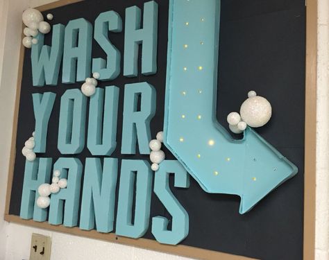 School Nurse Bathroom, Wash Your Hands Bulletin Board, Bathroom Bulletin Board Ideas, Handwashing Bulletin Board, Nurse Bulletin Board Ideas, Office Bulletin Board Ideas, Office Bulletin Board, School Clinic, Nurse Bulletin Board