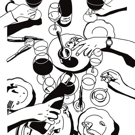 A high contrast black and white illustration depicting a table setting with lots of wine glasses and plates. Arms reach in to the frame to show guests reaching for wine and utensils Black And White Food Illustration, Dinner Illustration Table, Food Table Illustration, Bar Illustration Art, Tablescape Illustration, Dinner Table Illustration, Cheers Illustration, Eating Illustration, Dinner Illustration