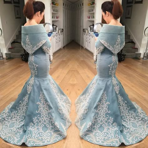 Blue Filipiniana Gown, Filipina Dresses, Blue Filipiniana, Grace Poe, State Of The Nation Address, Philippines Dress, Kris Aquino, Modern Filipiniana Gown, Filipiniana Wedding Dress