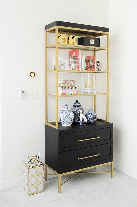 Gold Etagere, Styling A Bookcase, Chinoiserie Decor, Gold Bedroom Decor, Thrifted Home Decor, Chinoiserie Decorating, Bookcase Styling, Gold Bedroom, Design Books