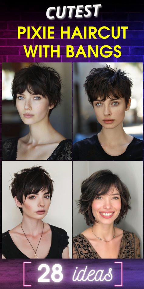 Unleash your inner fashionista with a chic pixie haircut adorned with bangs! This versatile style boasts 29 different variations to suit every personality and face shape. From wispy side-swept bangs to bold, blunt fringes, there's a pixie-with-bangs look for everyone. Embrace the freedom of short hair while maintaining a feminine edge. This low-maintenance cut is perfect for those who want to make a statement without compromising on style or spending hours on hair care. Long Pixie Bangs, Short Side Swept Bangs, Chic Pixie Haircut, Pixie Haircut With Bangs, Pixie Haircuts With Bangs, Stylish Bangs, Pixie Bangs, Curled Bangs, Cute Pixie Haircuts