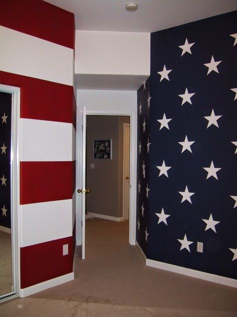 That Black Chic: Gimme a flag...will add interior..mix them both together and this is what you get. American Flag Bedroom, Patriotic Room, Patriotic Bedroom, Boy Rooms, Revere Pewter, Palette Design, Painted Front Doors, Trendy Living Rooms, Interior Painting