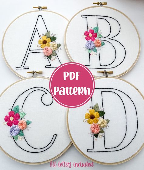 Create beautiful, personalized embroidery projects with these floral monograms. Get ready to show off your crafty side! ** THIS LISTING IS FOR A DIGITAL, PDF EMBROIDERY PATTERN. YOU WILL NOT RECEIVE A PHYSICAL ITEM ** PLEASE READ BEFORE PURCHASING YOUR DIGITAL FILE WILL INCLUDE: ~ Black and white digital patterns of all 26 letters, numbers 0-9, and & symbol that can be transferred by tracing onto your fabric (best if traced from computer or tablet screen, but can be resized and printed) ~ A guid Embroidery Patterns Floral, Floral Embroidery Patterns Templates, Letter Stencils Printables, Stencil Lettering, Pdf Embroidery Pattern, Basic Hand Embroidery Stitches, Patterns Floral, Alphabet Images, Embroidery Alphabet