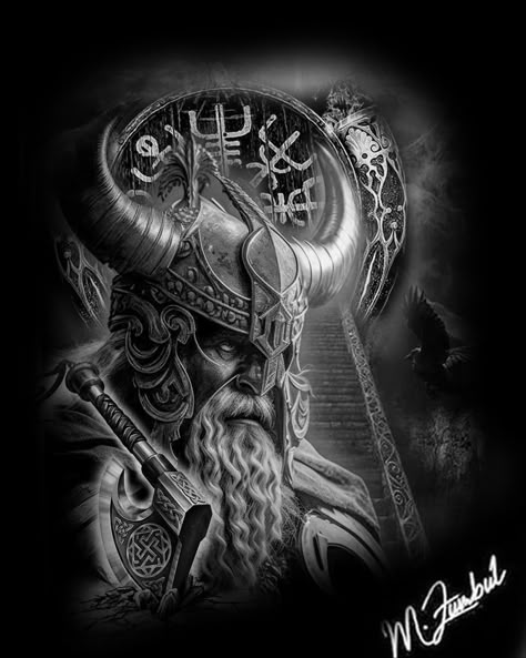 Tyr Tattoo Design, Odin Tattoo Design Norse Mythology, Viking Tattoo Ideas Norse Mythology, Odin Portrait, Odin Tattoo Design, Tyr Tattoo, Old Traditional Tattoo, Odin's Ravens Tattoo, Taz Tattoo