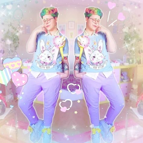 Fairy Kei Boy, Agender Fashion, Kawaii Boy, Pastel Fashion, Fairy Fashion, Rainbow Hair, J Fashion, Pastel Aesthetic, Strawberry Shortcake