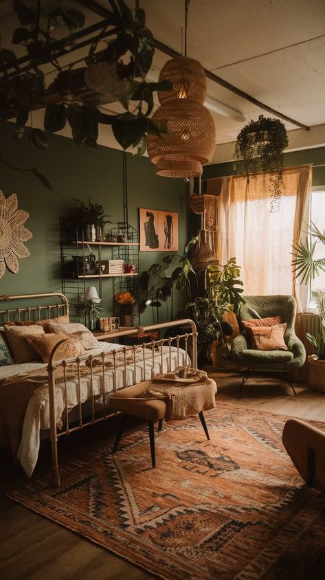 Green Rv Bedroom, Whimsical Guest Bedroom, Green Woodsy Bedroom, Green Cosy Bedroom, Cottagecore Green Bedroom, Forest Green Aesthetic Bedroom, Mountain Inspired Bedroom, Cozy Academia Bedroom, Green Whimsigoth Bedroom