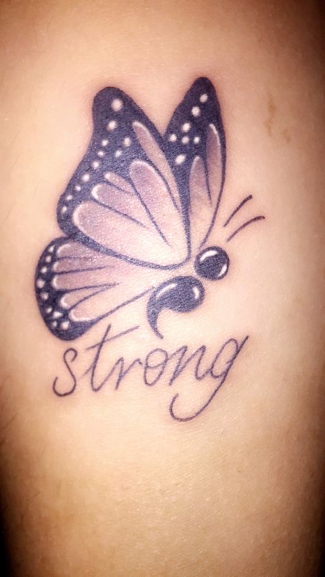 Semi-colon Tattoo Breathe, Strength Butterfly Tattoo, Butterfly Survivor Tattoo, Purple Butterfly Tattoo Designs, I Am Enough Quotes Tattoo With Butterfly, Medusa Butterfly Semicolon Tattoo, Butterfly Strength Tattoo, Semi-colon Tattoo Butterflies, Cat Semi Colon Tattoo