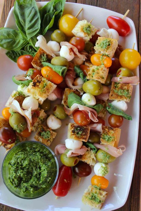 Antipasto Skewers with Pesto Dipping Sauce - So Happy You Liked It Pesto Dipping Sauce, The Best Appetizers, Heavy Appetizers, Charcuterie Cups, Fresh Mango Salsa, Antipasto Skewers, Basil Pesto Recipes, Skewer Appetizers, Caprese Skewers