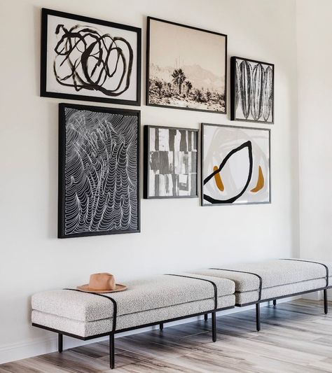 MADDIE CULLEN on Instagram: “A high contrast gallery wall + boucle benches were the perfect transition from entryway to kitchen in our #ModernMancave project! 📷:…” Modern End Of Bed Bench, Bench For Foyer, Living Room Bench Seating Ideas, Accent Bench Living Room, Bench Design Interior, Foyer Apartment, Wall Bench Seating, Entry Benches, Living Room Bench Seating