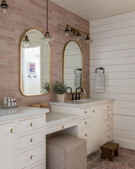 Bedrosians Tile and Stone on Instagram: "When you have five sisters, you get creative! 💡 They decided to give a spare bedroom a makeover, transforming it into a chic and functional bathroom. 🛀 Wall Tile: Makoto 2.5x10 in Momoiro Blush Designed by @christielewisinteriors Build by @eric_budge_custom_homes 📷: rebekahwestoverphotography" Girls Bathroom Ideas Sisters, Girls Shared Bathroom, Blush Bathroom, Designing A Bathroom, 5 Sisters, Five Sisters, Functional Bathroom, Shiplap Bathroom, Girl Bathrooms