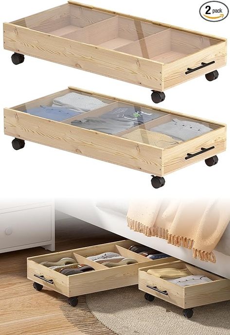 Amazon.com: MIBYLEN 2-Pack Solid Wood Under Bed Storage Drawer with Lids, Wheels, Handles - Divided Underbed Cabinet for Closet - Wooden Crate Organizer for Clothes - Underneath Container Fit for Any Bed Size : Home & Kitchen Underbed Storage Drawers, Bed Storage Drawers, Inspire Me Home Decor, Crate Storage, Ideas For House, Ceiling Fan In Kitchen, Organization And Storage, Storage Drawer, Storage Hacks