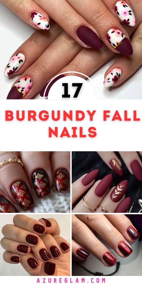 Explore the latest 17 trends in burgundy fall nails, from classic elegance to bold artistic designs. Discover a variety of designs for 2024, including dark, brown, and gold accents. Whether you prefer acrylic, almond, or short nails, our collection has something for everyone. Embrace fall with leaves, olive green, and matte finishes. Burgundy Fall Nails Acrylic, Burgundy Pumpkin Nails, Fall Almond Nails Ideas Burgundy, Fall Nails Burgundy Gold, Cranberry Fall Nails, Short Burgundy Nails With Design, Maroon Fall Nail Designs, Fall Maroon Nails Design, Burgundy Almond Acrylic Nails