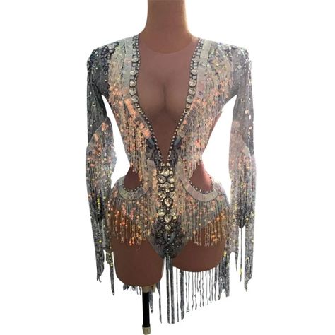 Sparkly Rhinestones Sequin Tassels Bodysuit Stretch Long Sleeve Leotard Nightclub Dj Singer Ds Costume Party Show Stage Outfits - Chinese Folk Dance - AliExpress Party Bodysuit, Dance Jumpsuit, Sequin Leotard, Singer Costumes, Bodysuit Costume, Stage Costume, Fashion Costume, Silver Rhinestone, Rave Outfits