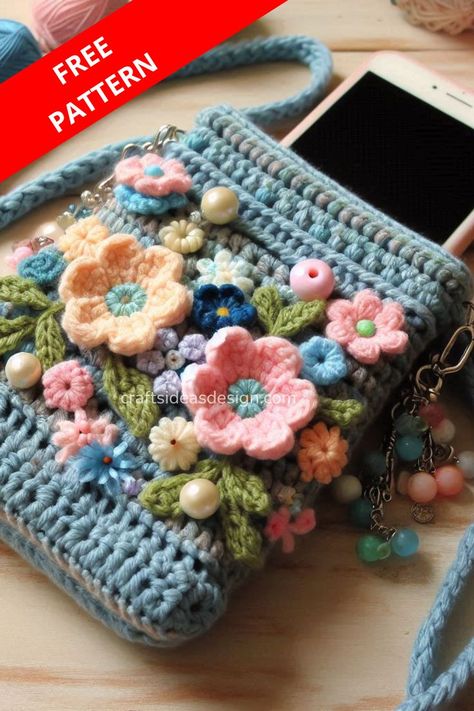 Crossbody Phone Bag Crochet.Crochet floral phone pouches are a beautiful and practical Crochet Phone Bag, Phone Bag Crochet, Crochet Phone Cases, Crossbody Phone Bag, Diy Gifts For Mom, Crochet Xmas, Crochet Keychain Pattern, Floral Phone Case, Floral Crochet