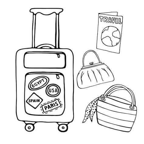 Hand drawn doodle sketch of wheeled trav... | Premium Vector #Freepik #vector #summer-doodle #vacation-icon #beach-doodle #beach-hat Travel Bag Drawing, Travel Doodles Simple, Summer Vacation Drawing Ideas, Suitcase Doodle, Summer Vacation Drawing, Beach Doodle, Vacation Drawing, Beach Travel Journal, Beach Doodles