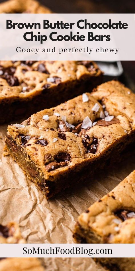 These Brown Butter Chocolate Chip Cookie Bars are perfectly chewy and packed with chocolate. Dark brown sugar, a bit of brown butter, and a hint of flaky sea salt make them extra special! Brown Butter Cookie Bars, Browned Butter Chocolate Chip Cookies, Brown Butter Chocolate Chip, Brown Butter Cookies, Brown Butter Chocolate Chip Cookies, Caramel Chocolate Chip Cookies, Sea Salt Chocolate, Dark Brown Sugar, Perfect Chocolate Chip Cookies