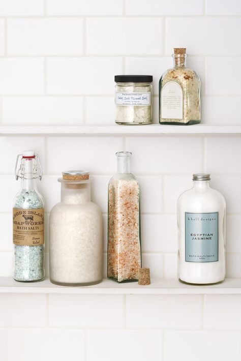 Bath Salts Storage, Bathrooms Decor, Salt Storage, Bathroom Repair, Chic Bathroom Decor, Silver Cabinets, White Bathroom Designs, Decorative Bottles, Bathroom Images