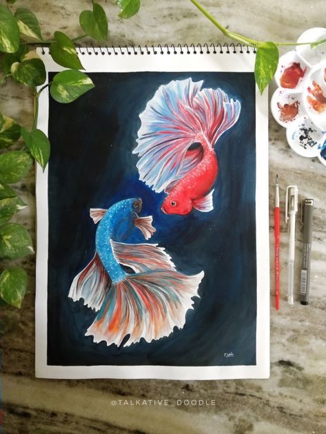 Betta Fish Acrylic Painting, Two Fish Painting, Betta Painting, Betta Fish Painting, Fish Painting Acrylic, Blue Betta Fish, Fish Acrylic Painting, Aesthetic Canvas Art, Dorm Canvas