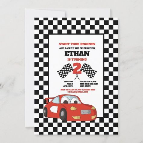 Black White Check Red Race Car 2nd Birthday Party for $3.15 - Birthday Invitations Car 3rd Birthday Party, Race Car 3rd Birthday, Race Car 2nd Birthday Party, Car 2nd Birthday Party, Car Birthday Party Invitations, Red Race Car, Red Race, Race Car Birthday Party, 3rd Birthday Party