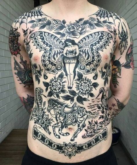 Traditional Stomach Tattoo, Collar Bone Tattoo For Men, Man Chest, Clavicle Tattoo, Backpiece Tattoo, Stomach Tattoos Women, Stomach Tattoo, Neotraditional Tattoo, Torso Tattoos