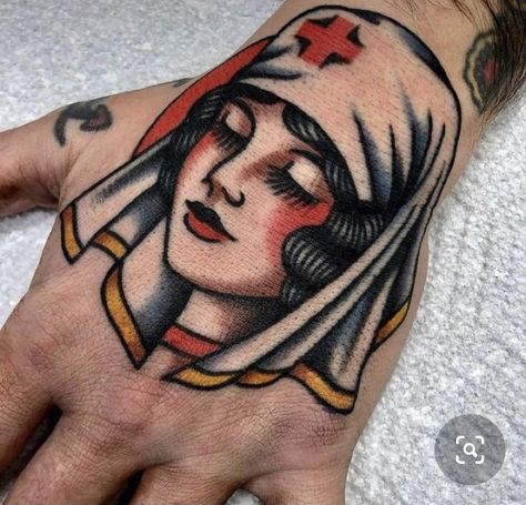 Traditional Nurse Tattoo, Trad Woman, Traditional Tattoo Nurse, Traditional Tattoo Outline, Traditional Tattoo Man, Traditional Hand Tattoo, Sick Tattoos, Old School Tattoos, Face Tattoos For Women