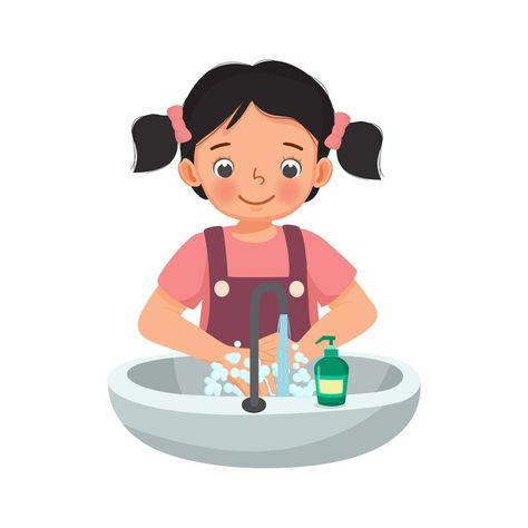 Cute Young Girl washing hands with antibacterial soap and running water under faucet at the sink as prevention against Virus and Infection and personal hygiene Personal Hygiene Activities, Sink Drawing, Kids Hygiene, Social Media Icons Vector, Classroom Interior, Hand Clipart, Baby Room Themes, Chinese Language Learning, Washing Hands