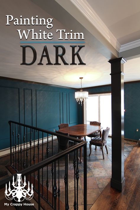 Dark trim makes such a huge impact! If you're bored with your typical white trim (seriously, everyone has white trim!), maybe it's time to paint it dark! Click through to see what a big difference dark painted trim makes. Be brave! Painting White Trim, Dark Walls White Trim, Dark Baseboards And Trim, Dark Painted Trim, Dark Trim Interior, Black Baseboards And Trim, Painted Trim Darker Than Walls, Black Moldings And Trim, Dark Trim Light Walls