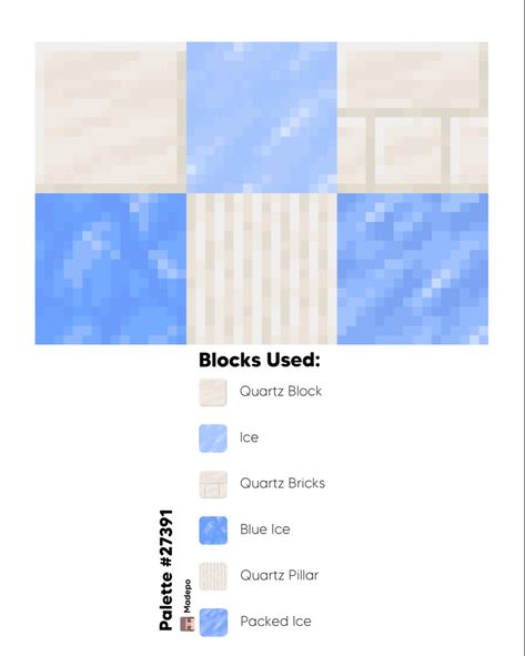 Every Minecraft Block, Minecraft Frozen Build, Ice Kingdom Minecraft, Quartz Pillar Minecraft, Blue Block Pallet Minecraft, Blue Castle Minecraft, Minecraft Castle Palette, Blue Minecraft Palette, Minecraft Castle Color Palette