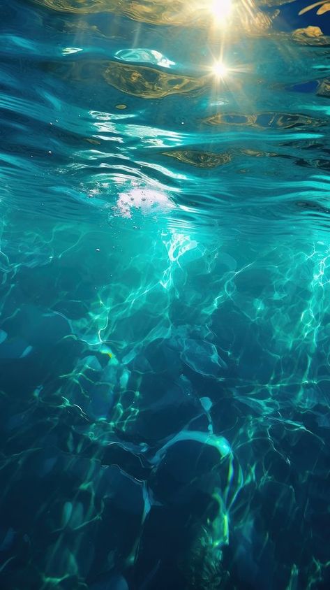 Ocean underwater reflection sunlight swimming. AI generated Image by rawpixel. | premium image by rawpixel.com Ocean Images Underwater, Underwater Looking Up, Fishes Aesthetic, Water Light Reflection, Underwater Reflection, Mermay Inspiration, Underwater Train, Reflection Aesthetic, Underwater Forest