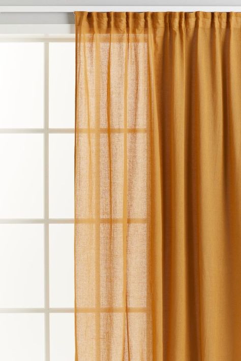 Wide curtain panel in voile made from a linen and cotton blend. Multiway header for four different hanging options: on a curtain rail with curtain loops, with drapery hooks, with four-prong drapery ho... Translucent Curtains, Drapery Hooks, Cookware Storage, Hm Home, Wide Curtains, Curtain Length, Book Room, Curtain Rails, Baby Trend