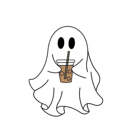 Cute Ghost With Headphones, Ghost With Iced Coffee Tattoo, Ghost With Iced Coffee, Ghost Holding Coffee Tattoo, Cute Simple Ghost Drawing, Drawing Inspiration Digital, Ghost Drinking Coffee Tattoo, Ghost With Coffee Tattoo, Cute Ghost Sketch