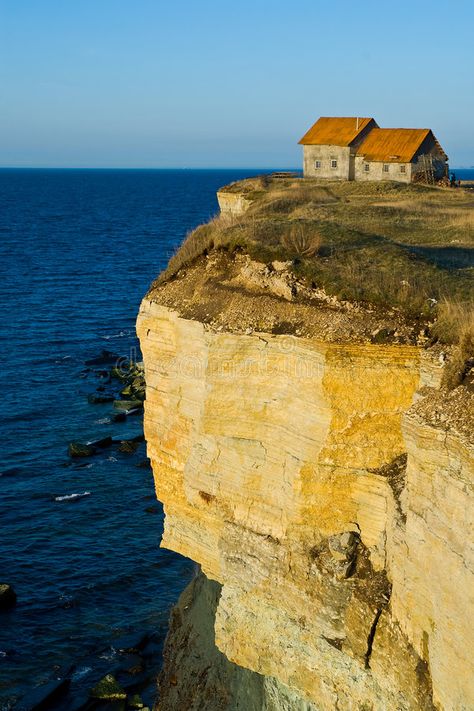 House on seaside cliff. A late afternoon view of a small house built on the edge , #AFFILIATE, #view, #afternoon, #house, #small, #seaside #ad Houses On Cliffs, Seaside Cliff, Cube World, Seaside House, Cliff House, House By The Sea, Home Building, Late Afternoon, Stone Houses