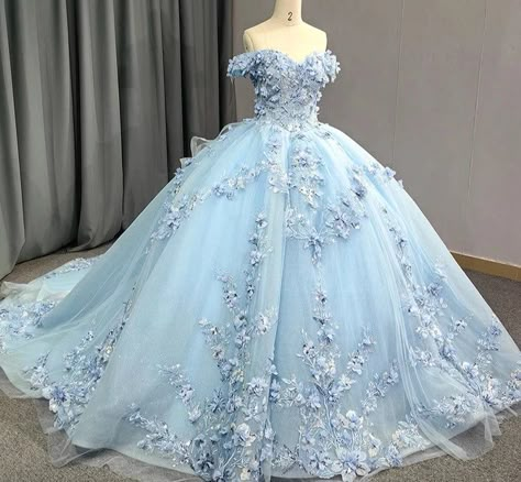 Blue Cinderella Quinceanera Dresses, Pink And Blue Quinceanera Dresses, Blue And White Quinceanera Dresses, 15 Dresses Blue, Light Blue Tulle Gown For Quinceanera, Princess Style Blue Quinceanera Ball Gown, Baby Blue Floral Quince Dresses, Pale Blue Princess Dress, Quinceanera Dresses Blue Quincedresses.com