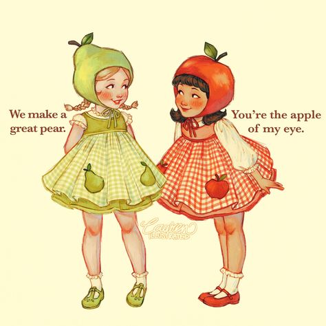 Fruit Dress Drawing, Basket Of Apples Drawing, Clown Puns, Apple Pockets, Apple Hat, Strawberry Shortcake Characters, Nostalgic Art, Bad Puns, Draw Something