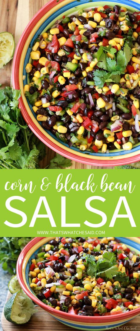 Easy Corn & Black Bean Salsa Recipe. Perfect for Picnics and Summer fun because it can sit out with no worries! Jalapeno Recipes Appetizers, Corn Dinner, Friendsgiving Recipes Appetizers, Corn And Black Bean Salsa, Black Bean Salsa Recipe, Pilsbury Recipes, Bean Salsa Recipe, Corn And Black Bean, Black Corn