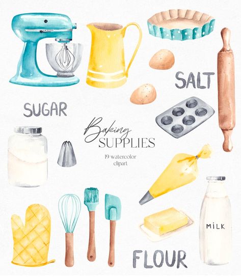 Baking Utensils Drawing, Watercolor Baking Art, Baking Tools Illustration, Utensils Drawing, Baking Illustration, Cottagecore Baking, Food Border, Breakfast Illustration, Bakery Clipart