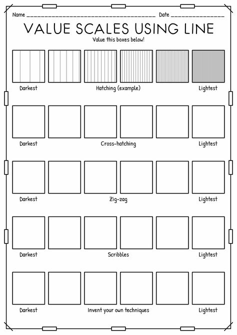 Line Drawing Techniques, Colored Pencil Techniques Worksheet, Line Exercises Drawing, Line Practice Drawing, Drawing Exercises Sketchbook Assignments, Shading Exercises, Shading Worksheet, Grid Drawing Worksheet, Practice Drawing Exercises