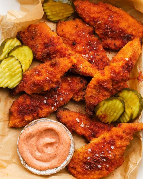 Nashville Hot Chicken Tenders Recipe, Hot Chicken Tenders Recipe, Baked Nashville Hot Chicken, Nashville Hot Chicken Tenders, Hot Chicken Tenders, Chicken Katsu Recipe, Chicken Katsu Recipes, Sliced Cabbage, Nashville Chicken